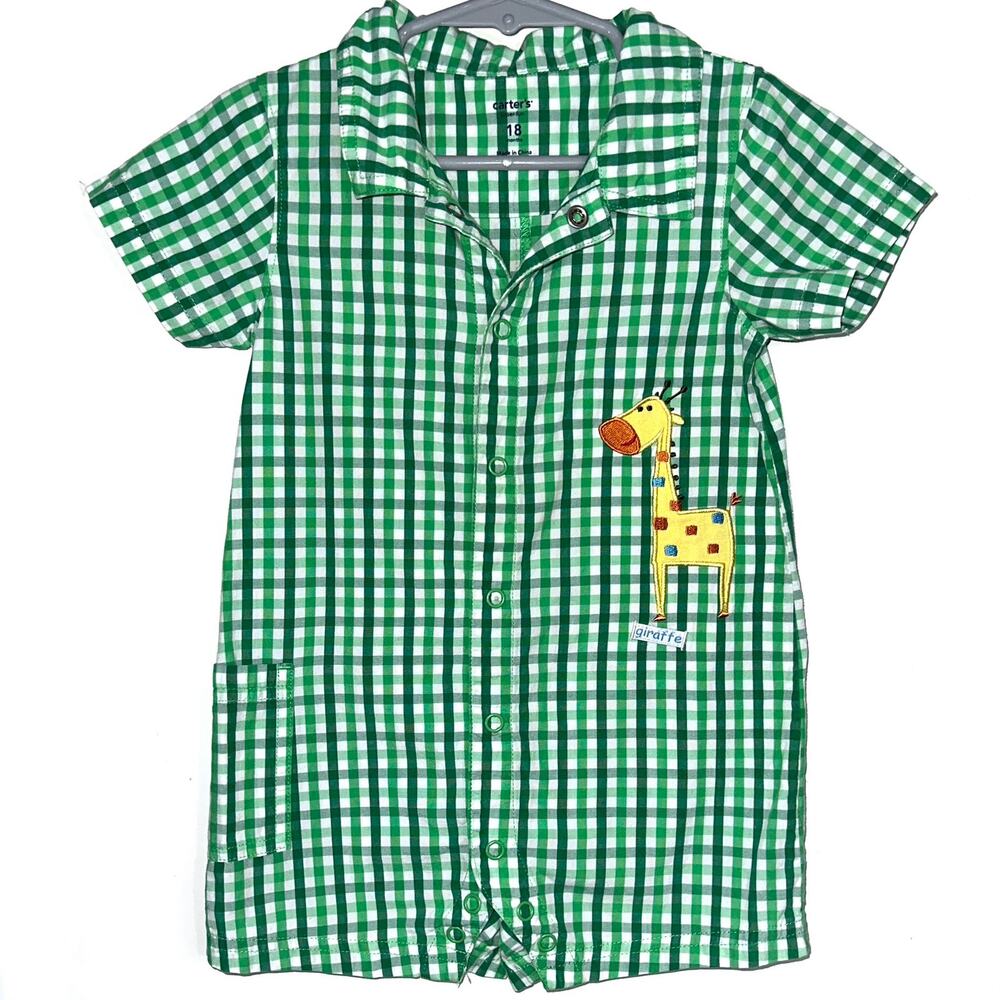 Carter’s Baby Boys Green White Checked Giraffe Cotton Snap Romper Size 18M